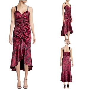Parker Wine Red Black Mackay Gathered Flounce Hem Midi Sheath Dress Size 10